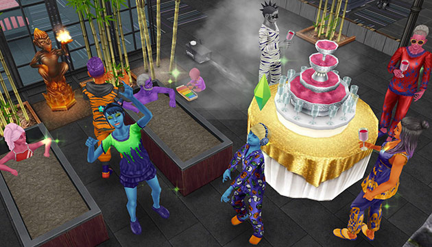 ゴーストハウスでパジャマパーティーを楽しむシムたち（The Sims フリープレイ）