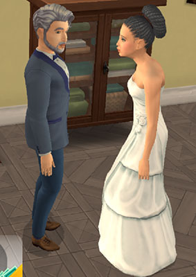 ウェディングドレス姿のヘイリーさんと、タキシード姿のシニア風ノア君（The Sims シムズポケット）