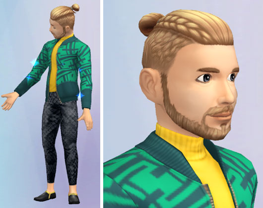マンバン、あみこみお団子ヘアに、青く煌くジャケットを合わせたファッション（The Sims シムズポケット）