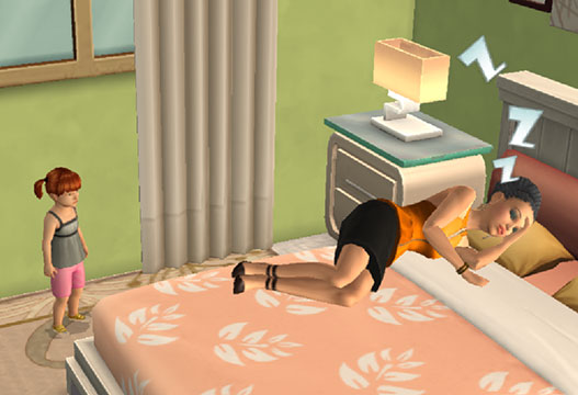 ベッドで休むヘイリーママと、それを眺める幼児ミア（The Sims シムズポケット）