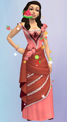 「爽やかな魅惑のブッファンドレス」を着て、フルーツ・プリンセスになったエラさん（The Sims シムズポケット）